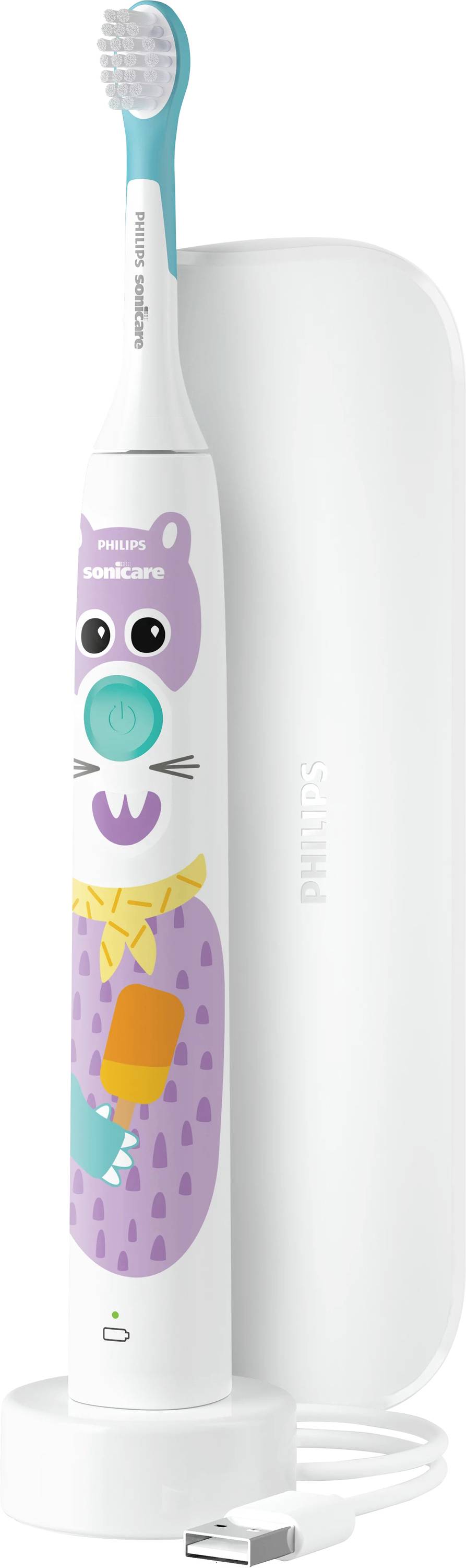 Elektrische Zahnbürste mit einem Cartoon-Tier-Design, die einen lila Bären zeigt, der einen orangefarbenen Eis am Stiel hält, vor einem weißen Hintergrund.