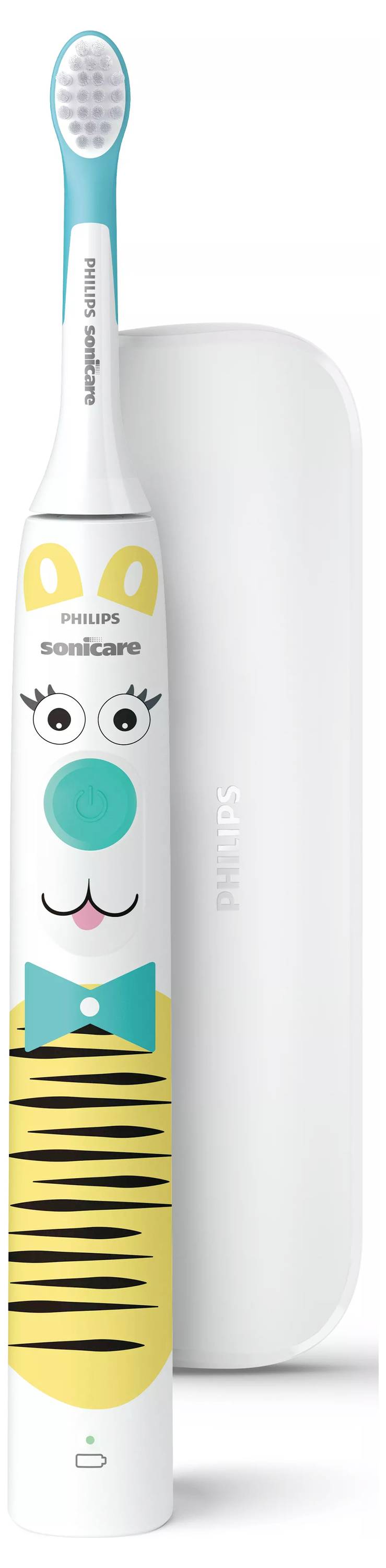 Philips Sonicare Kinderelektrische Zahnbürste mit verspieltem Tigerdesign und weißer Schutzbox.