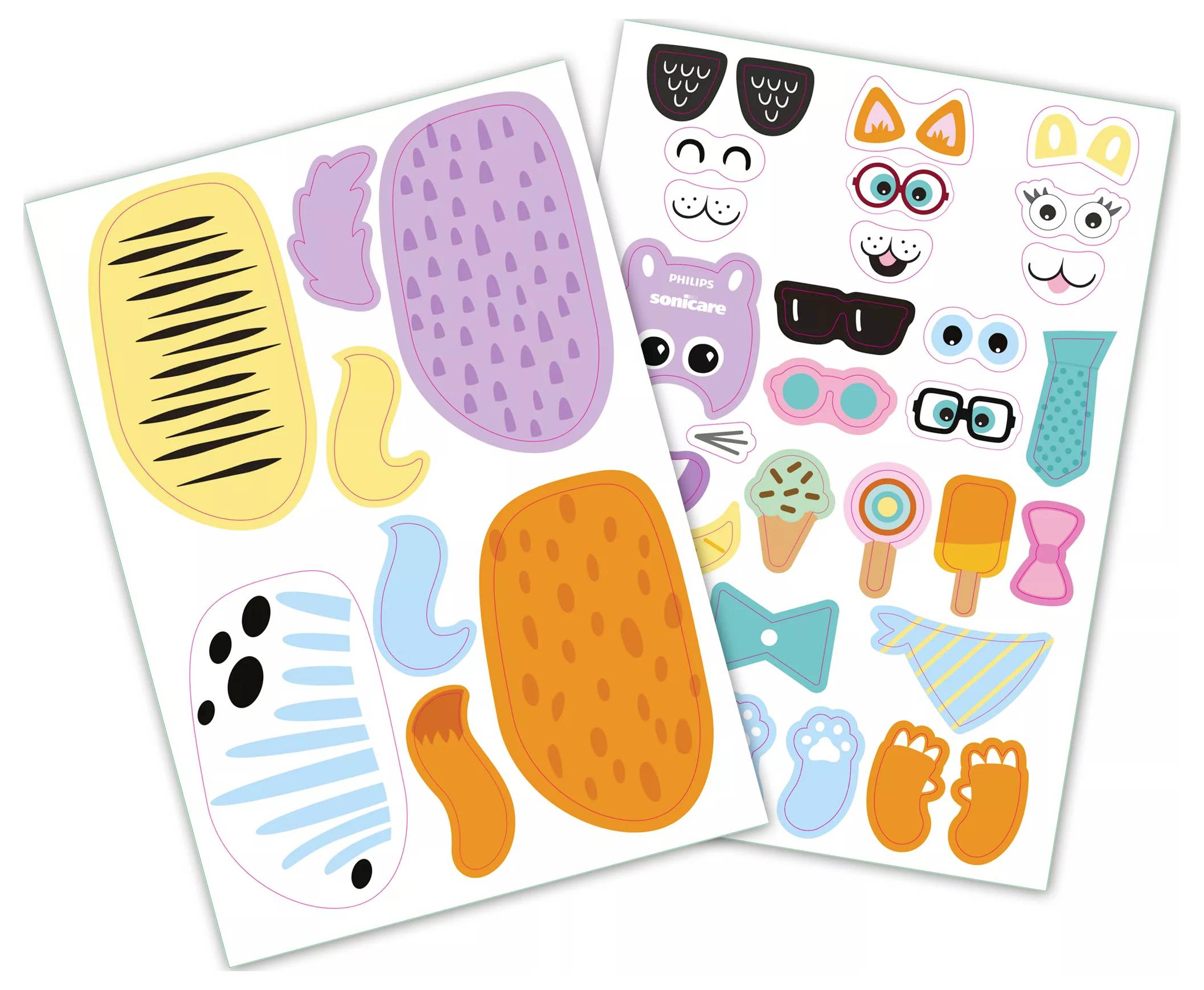 Zwei Blätter bunter Cartoon-Sticker mit lächelnden Tiergesichtern, Ohren, Schwänzen und Pfoten in verschiedenen Formen und Farben.