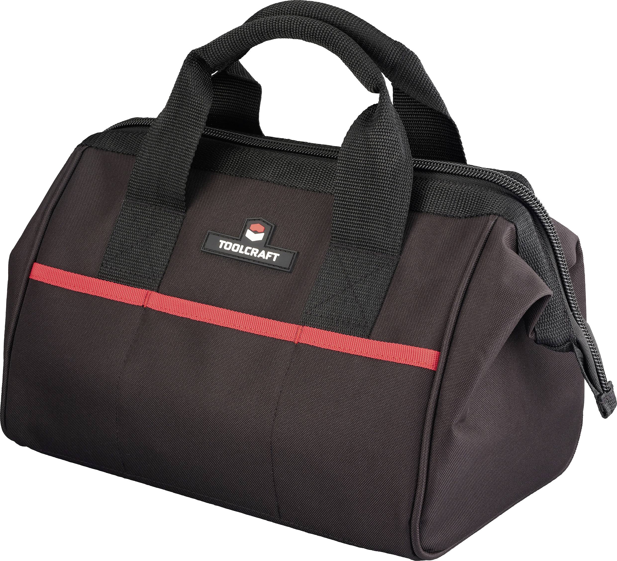 Eine schwarze Werkzeugtasche mit roten Akzenten und Griffen, mit einem Logo, das 