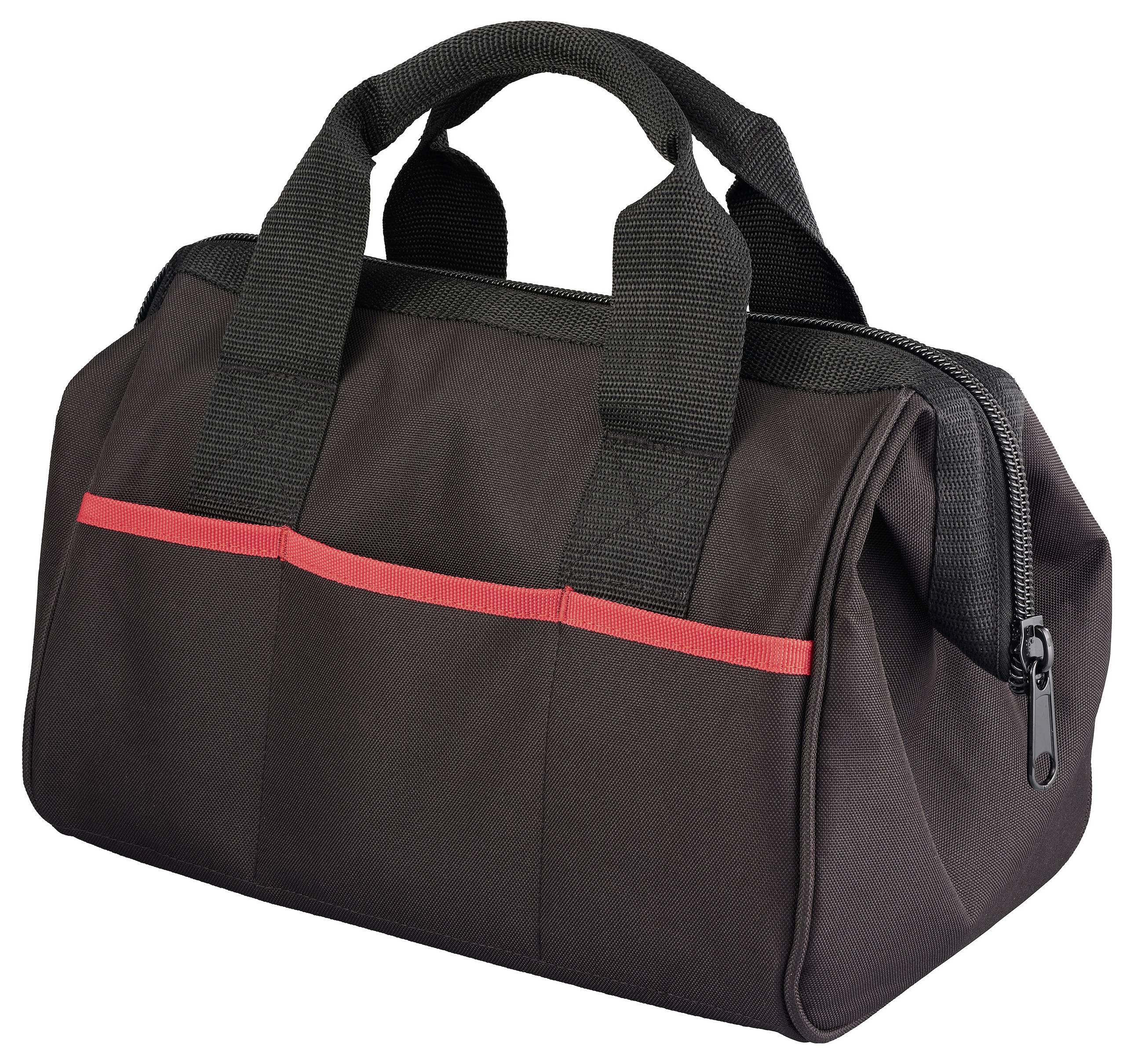 Eine schwarze Stoff-Werkzeugtasche mit kurzen Henkeln und einem roten Akzentstreifen über der Vorderseite, mit einem Reißverschluss-Deckelschluss.