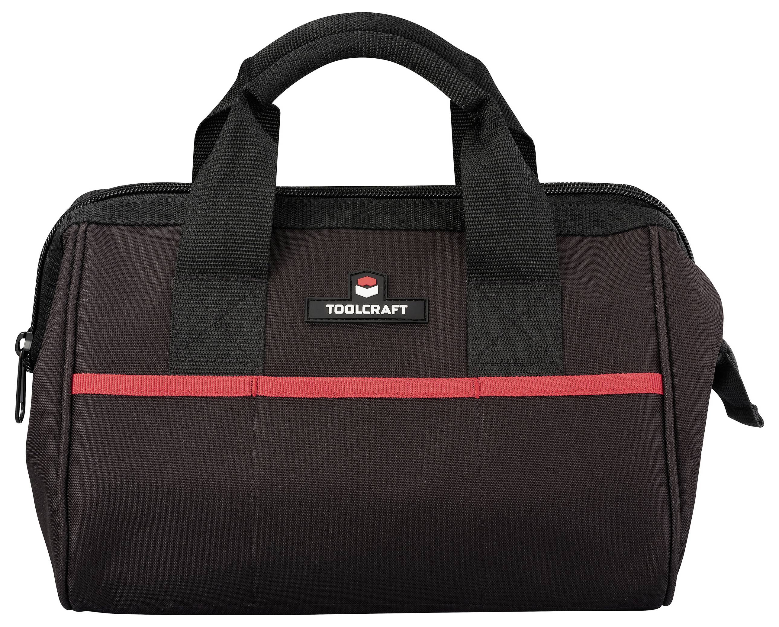 Eine schwarze und rote TOOLCRAFT Werkzeugtasche mit einem oberen Reißverschluss und doppelten Griffen, mit einer Vordertasche und dem Markenlogo auf der Seite.