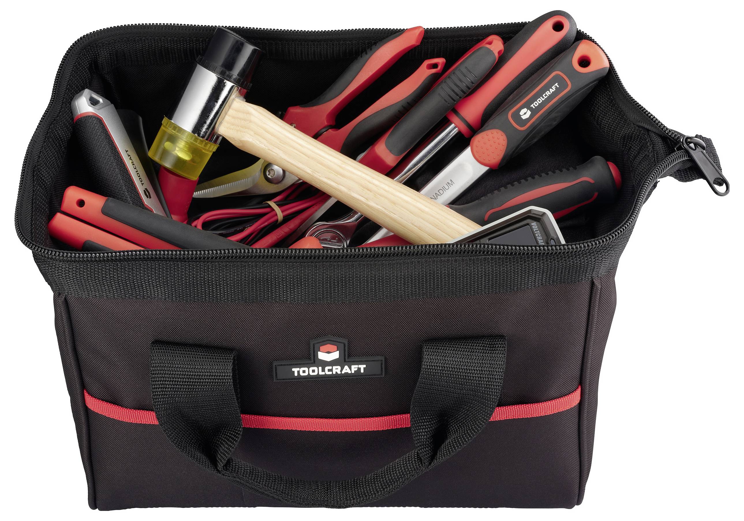 Eine schwarz-rote Werkzeugtasche gefüllt mit verschiedenen Handwerkzeugen, darunter ein Hammer, Zangen und Schraubendreher. Logo 