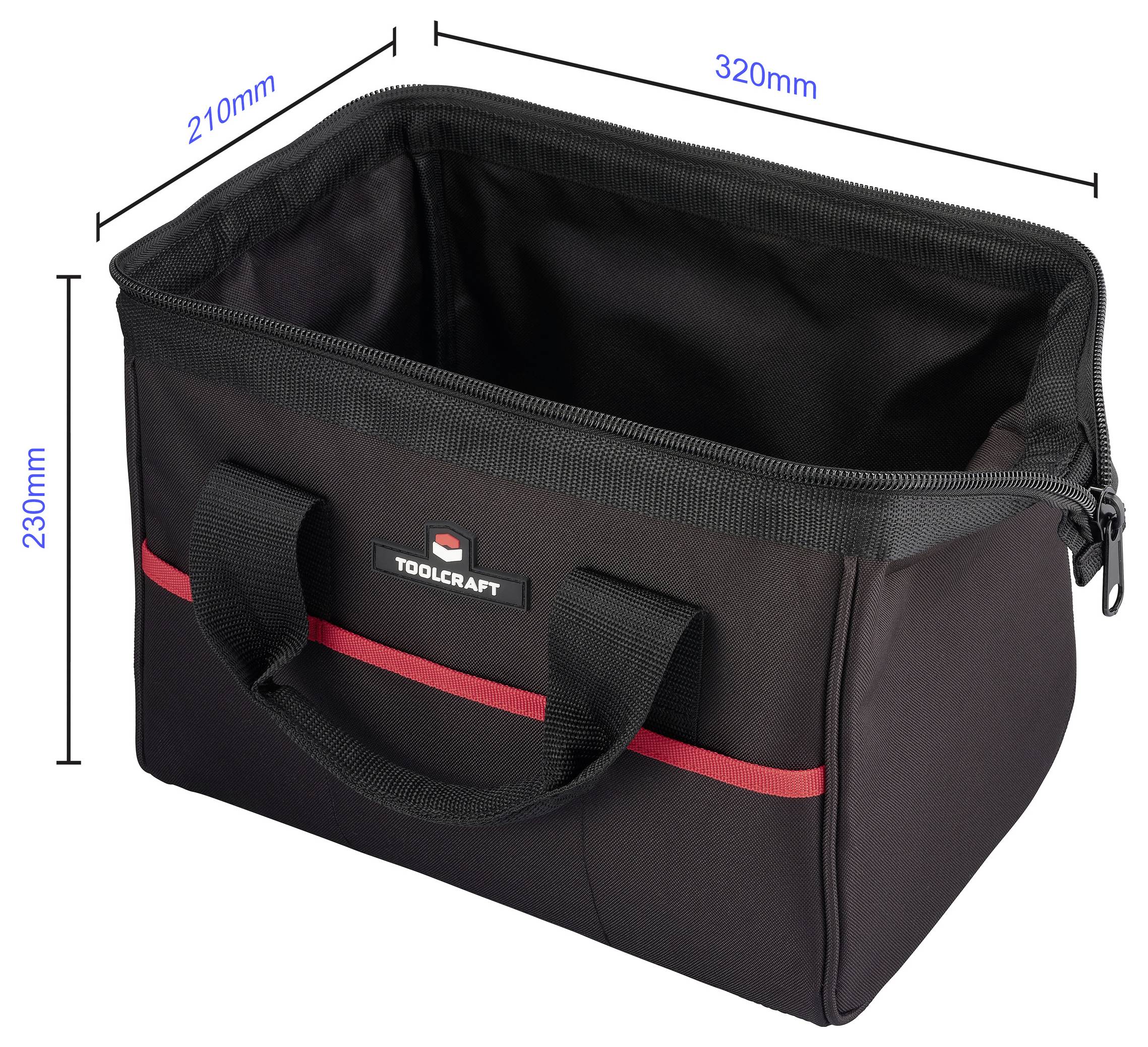 Eine schwarze Werkzeugtasche mit roten Akzenten und einem 