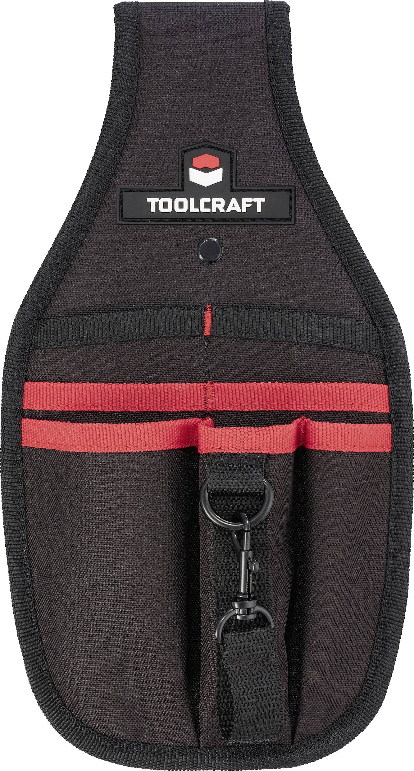 Schwarzer und roter TOOLCRAFT Werkzeughalter mit mehreren Taschen und einem Clip, konzipiert zum Lagern und Organisieren verschiedener Werkzeuge.
