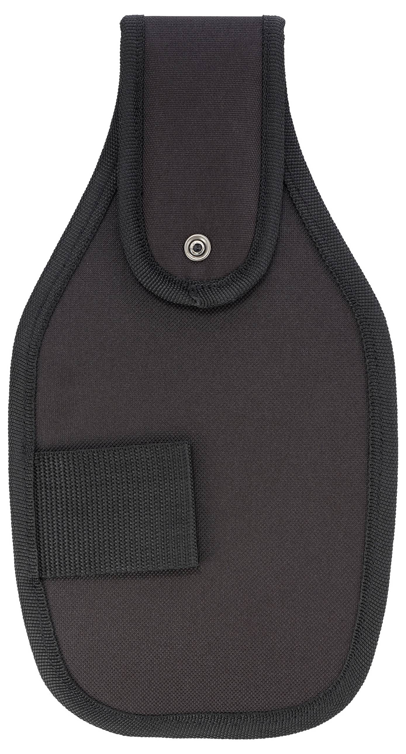 Ein schwarzer Stoffhalter mit Druckknopfverschluss und Schlaufe an der Rückseite, der zum Tragen eines tragbaren Geräts oder Werkzeugs konzipiert ist.