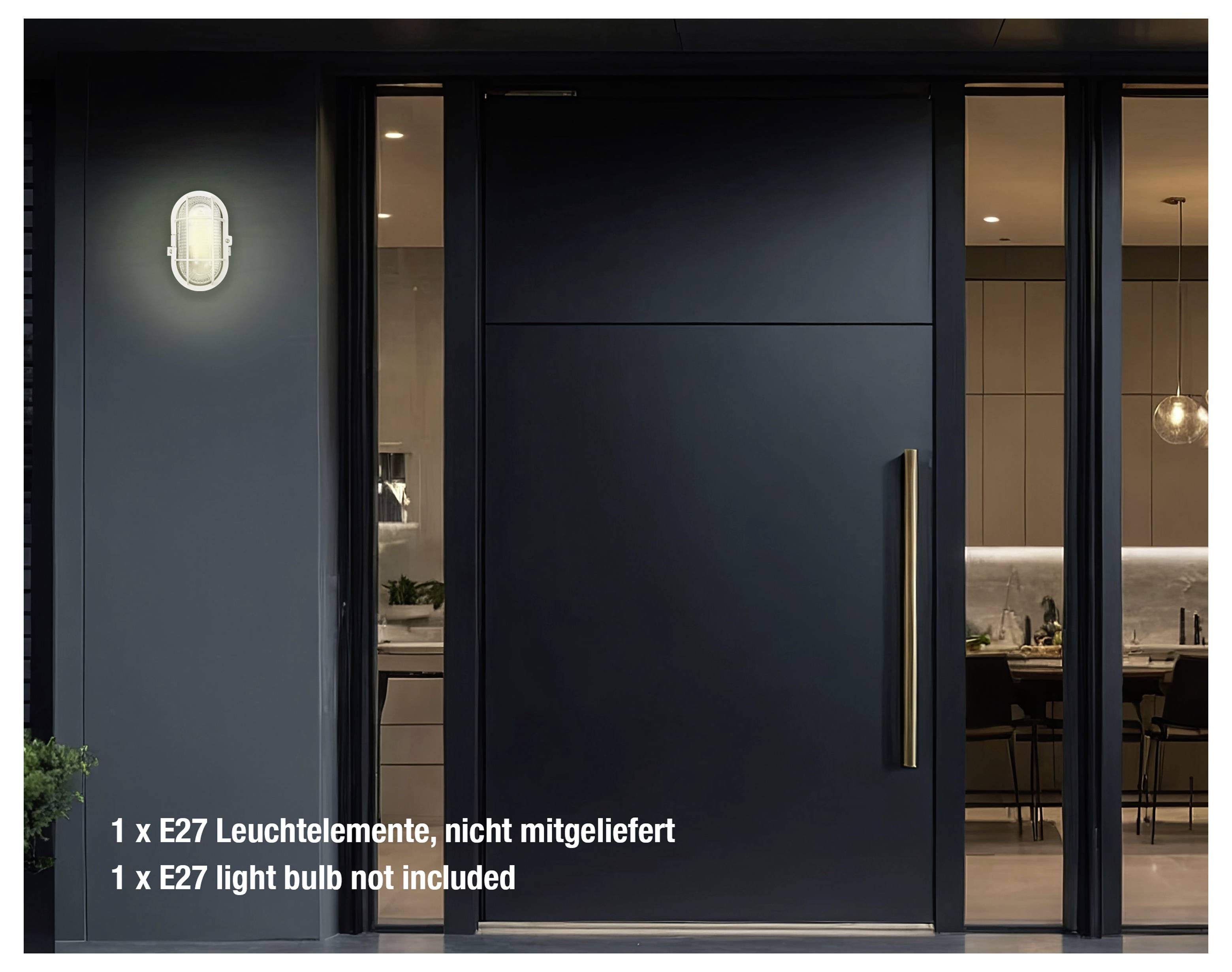 Außenansicht eines modernen Hauses mit einer großen schwarzen Tür und einer wandmontierten Leuchte. Der Text lautet „1 x E27-Glühbirne nicht enthalten