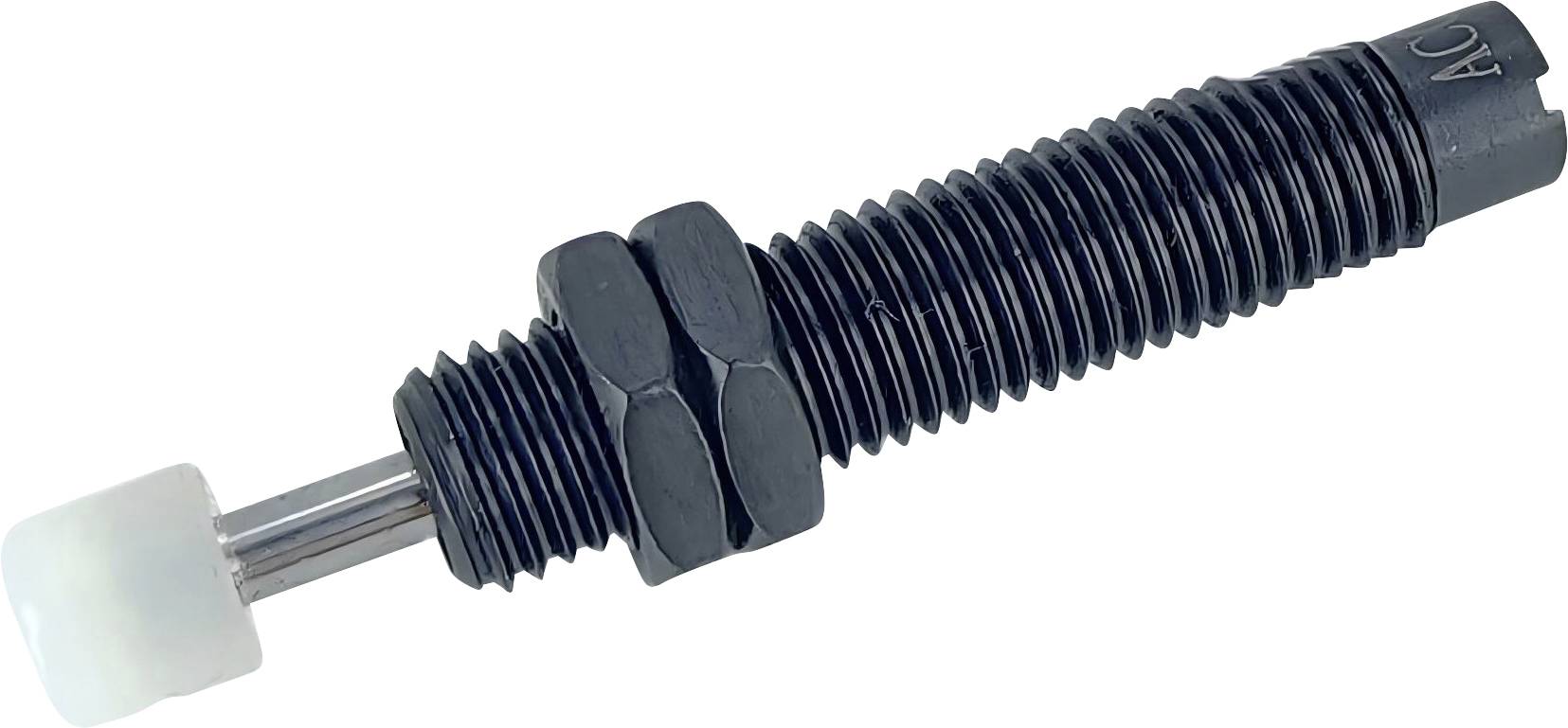 Ein schwarzer hydraulischer Stoßdämpfer mit weißem Gummianschlag und Sechskantmuttern in der Mitte, typischerweise zur Dämpfung von Stößen verwendet.