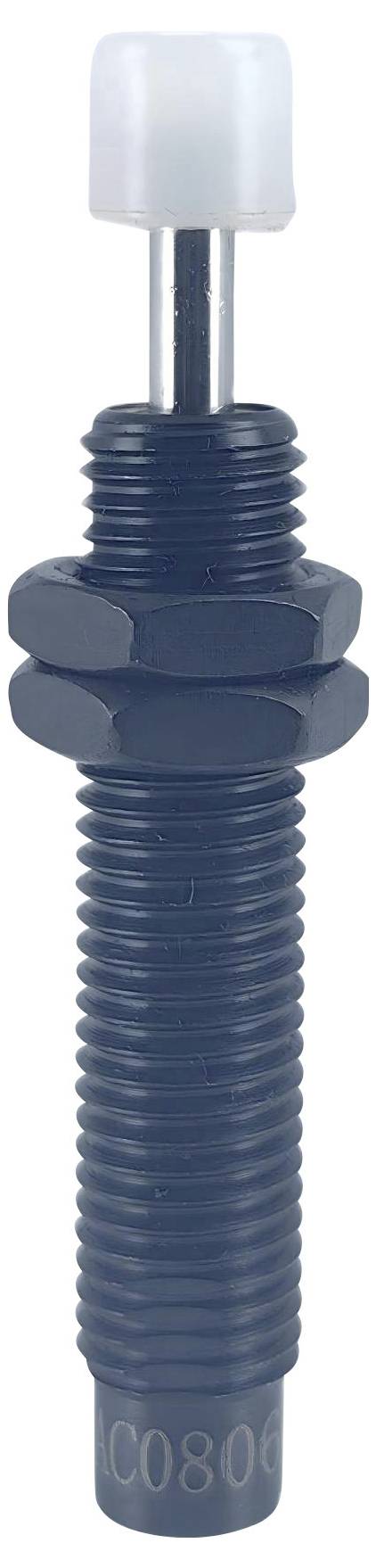 Eine zylindrische, gewinde Industriekomponente mit weißer Oberkappung und sechskantigem Verstellring, möglicherweise ein Stoßdämpfer oder Dämpfungsgerät.