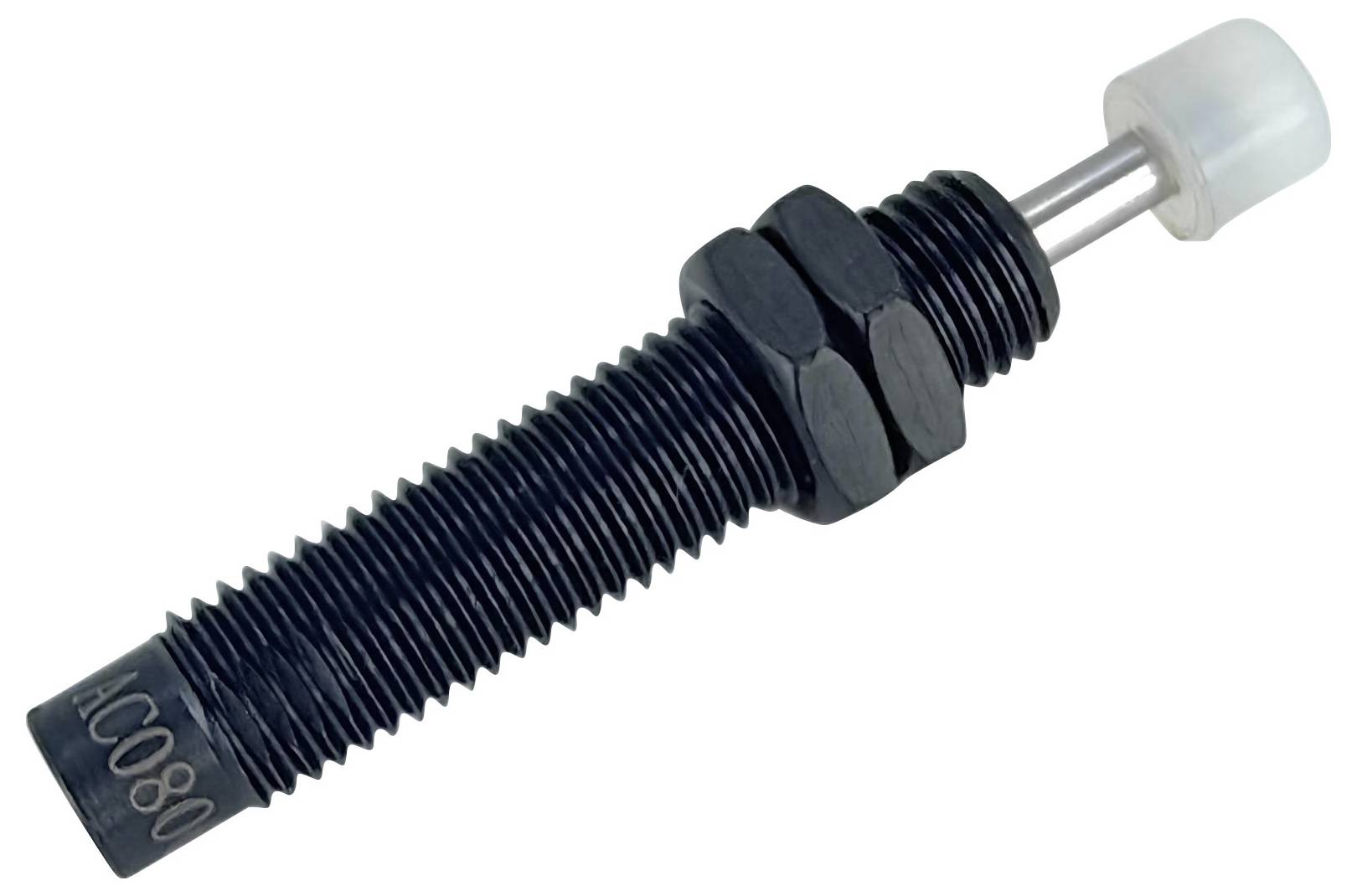 Ein schwarzer Industrie-Stoßdämpfer mit gewindegängigem Körper und einer weißen Kunststoffkappe am Ende, auf dessen Seite die Bezeichnung AC080 angebracht ist.