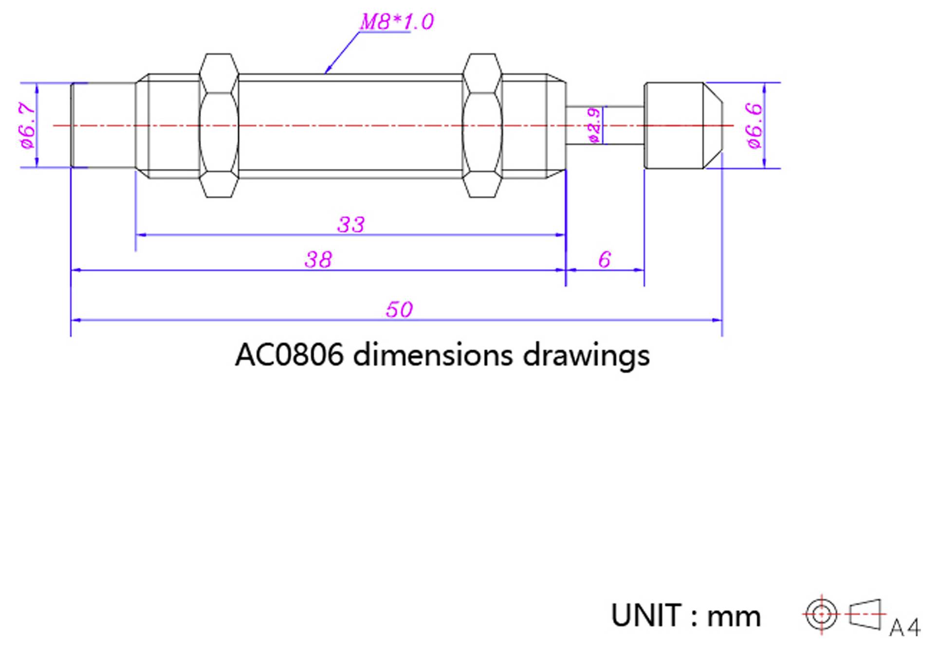 AC0806 Dimensionszeichnungen – beschriftetes Diagramm einer mechanischen Komponente mit Maßen in mm; zeigt Abmessungen und Gewindedetails.