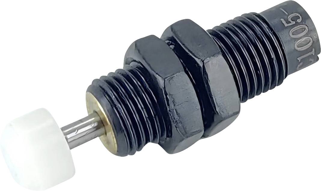 Ein schwarzes Metallentlüftungsventil für Fahrzeuge mit weißer Spitze, verwendet zum Ablassen von Luft aus Fahrzeugbremssystemen.