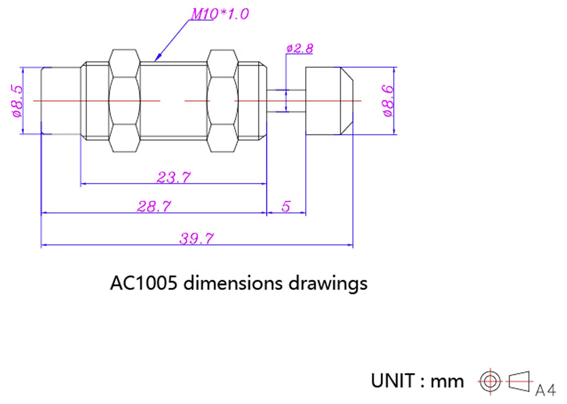 'AC1005 Dimensionszeichnungen' zeigen ein zylindrisches Objekt mit verschiedenen in Millimetern beschrifteten Messwerten.