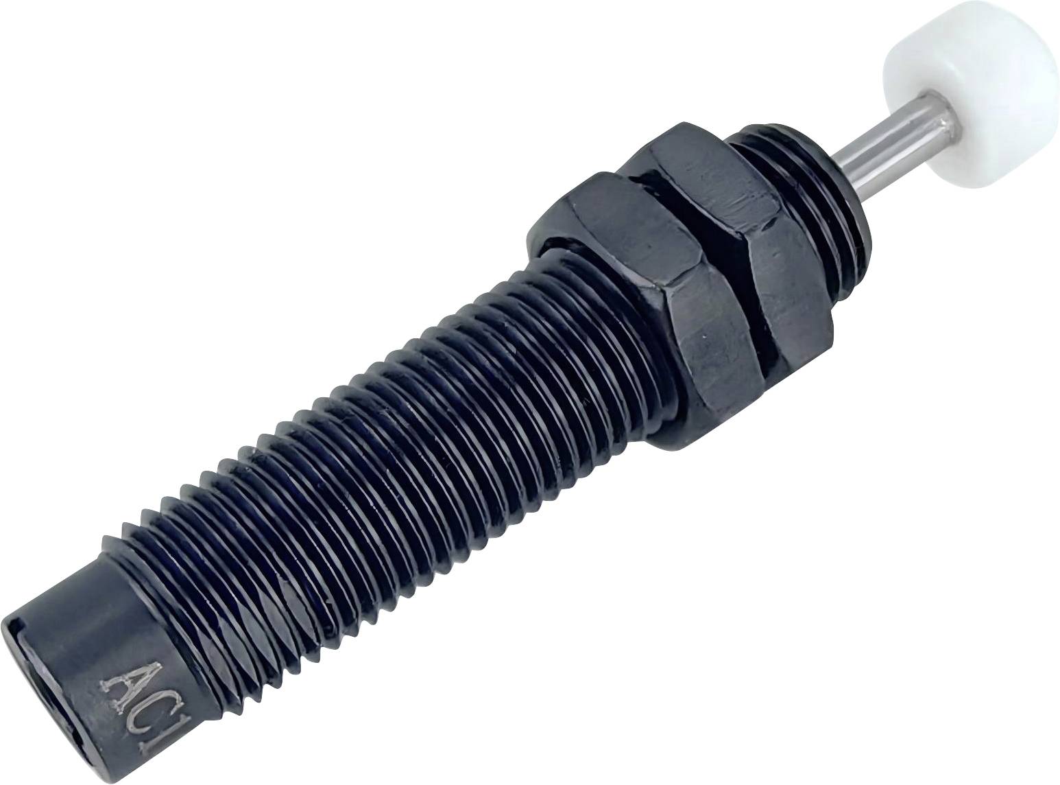 Ein zylindrischer Metall-Gleichstrommotor mit einer beschrifteten Komponente an der Seite, mit einer Zahnradwelle an einem Ende, die zur mechanischen Kraftübertragung verwendet wird.