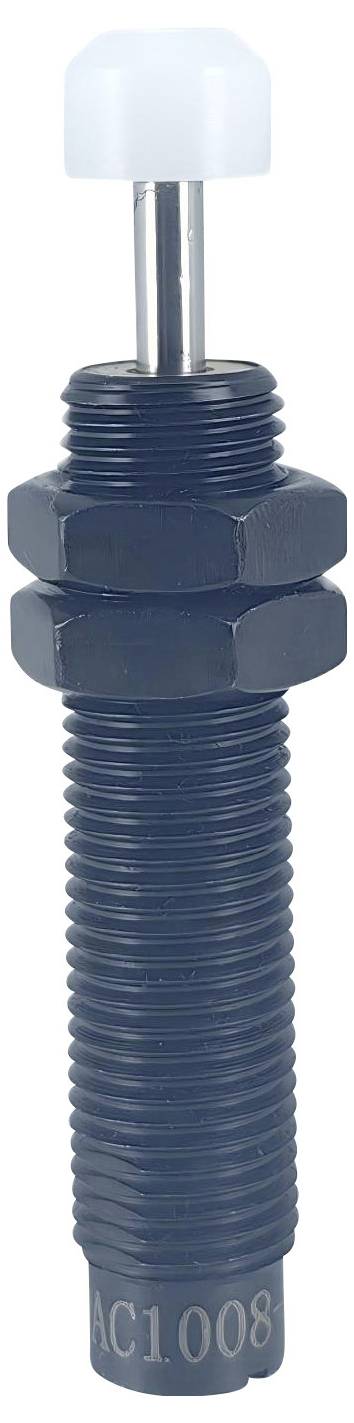 Ein blauer zylindrischer Industrie-Stoßdämpfer mit weißer Kappe und dem Code 