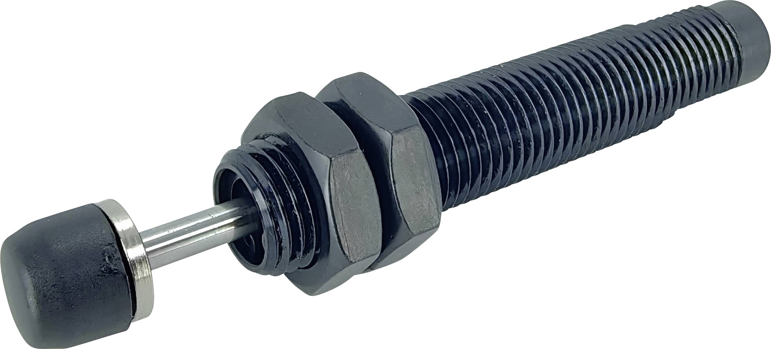 Ein Stoßdämpfer mit Gewinde, schwarzer Gummikappe und zylindrischem Design, das zur Dämpfung von Vibrationen in mechanischen Systemen verwendet wird.
