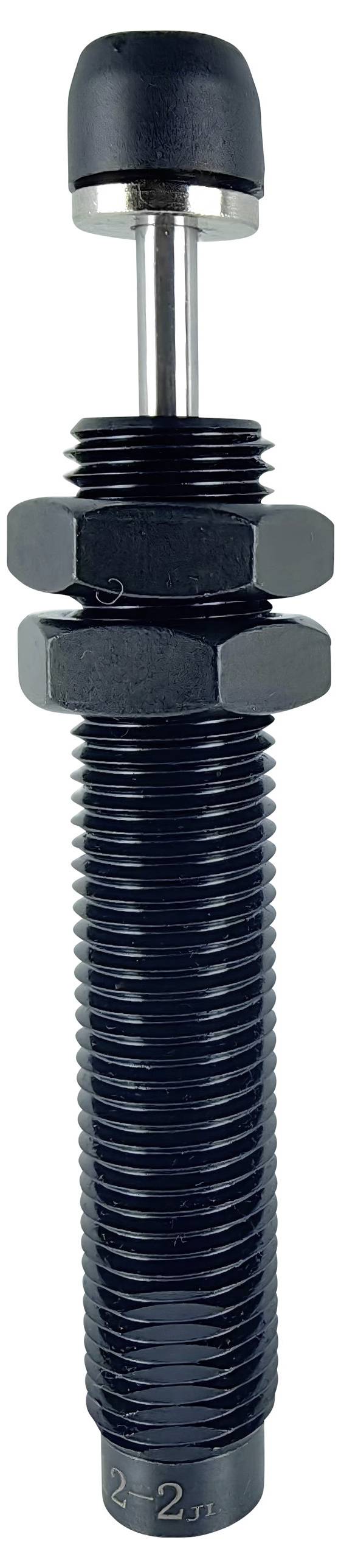 Ein schwarzer Industrie-Stoßdämpfer mit geripptem Körper und Metallstange, entwickelt um Stoßbelastungen in Maschinen oder mechanischen Systemen zu absorbieren.