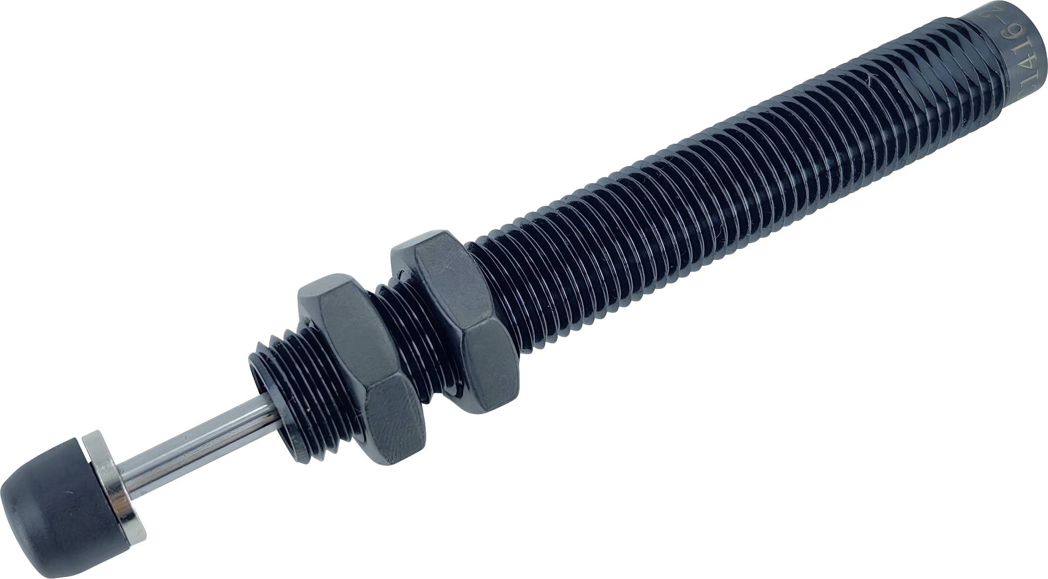 Ein schwarzer Industrie-Stoßdämpfer mit einem Gewinde-Körper und einer silbernen Stange, entwickelt zur Absorption und Dämpfung mechanischer Stöße in Maschinen.