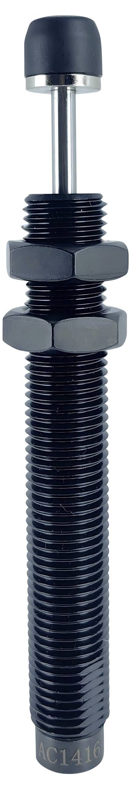 Ein schwarzer Hydraulikzylinder mit Gewinde auf der Außenseite und zwei Sechskantmuttern, wahrscheinlich für Fluidkraftanwendungen in Maschinen verwendet.