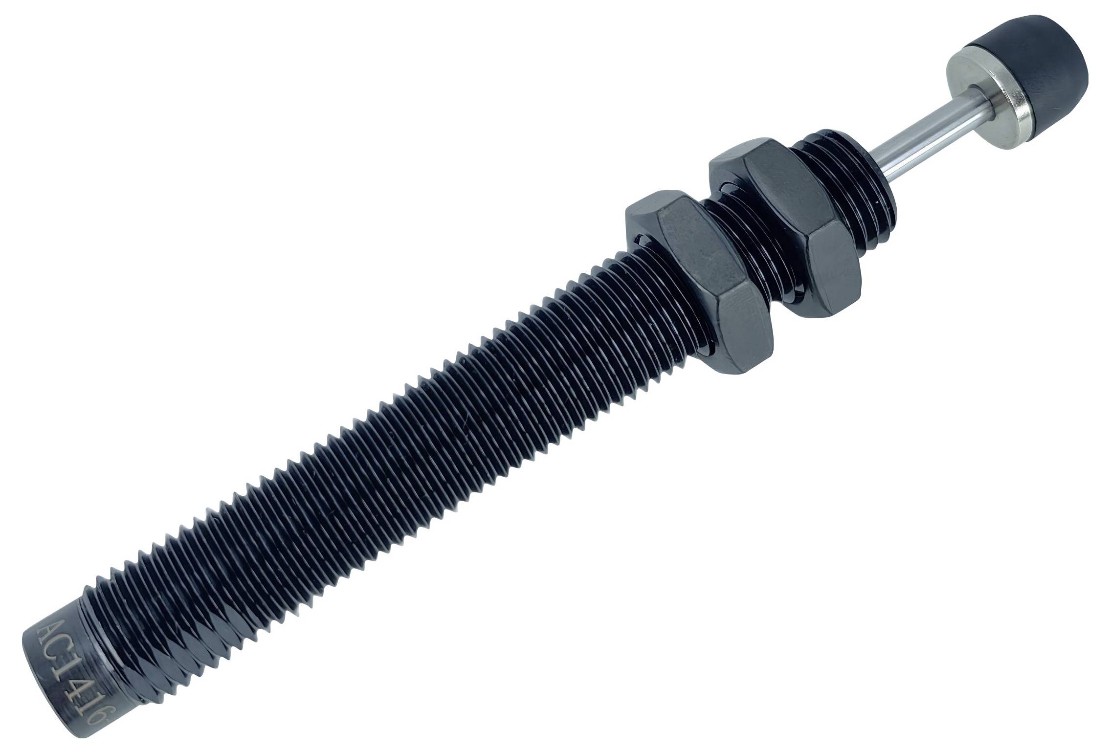 Ein industrieller Stoßdämpfer mit schwarzem Gehäuse, sechseckigen Verstellringen und einer Metallstange. Wird zur Verringerung von mechanischen Stoßbelastungen verwendet.