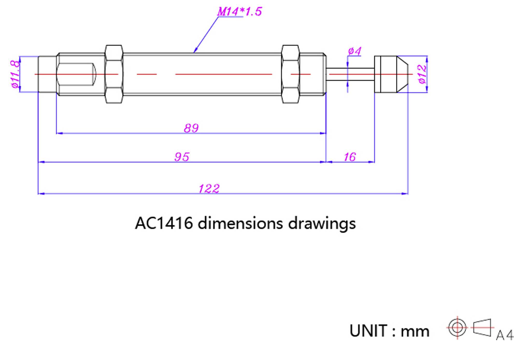 „Eine technische Zeichnung von AC1416, die Abmessungen in Millimetern mit beschrifteten Messwerten für Länge, Breite und Bolzendetail zeigt.