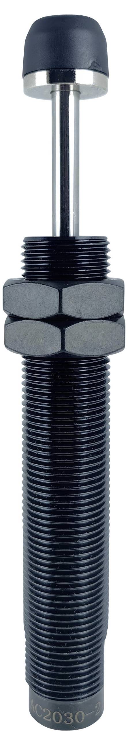 Ein zylindrischer, schwarzer mechanischer Stoßdämpfer mit einem Gewinde-Körper und einer Metallstange, die sich von der Oberseite erstreckt, konzipiert für industrielle Anwendung.