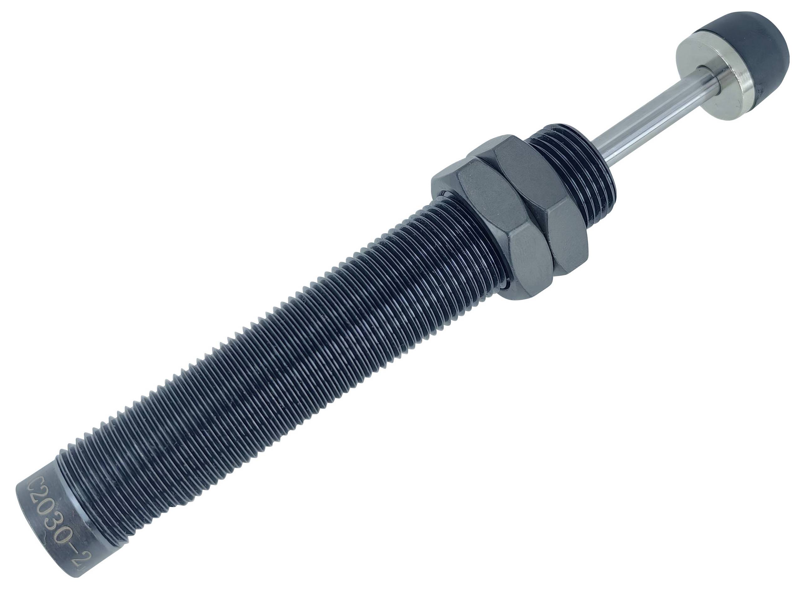 Ein zylindrischer Stoßdämpfer mit gewindelautem Gehäuse und einer Welle, die sich von einem Ende erstreckt, wird in mechanischen Systemen zur Vibrationsdämpfung verwendet.