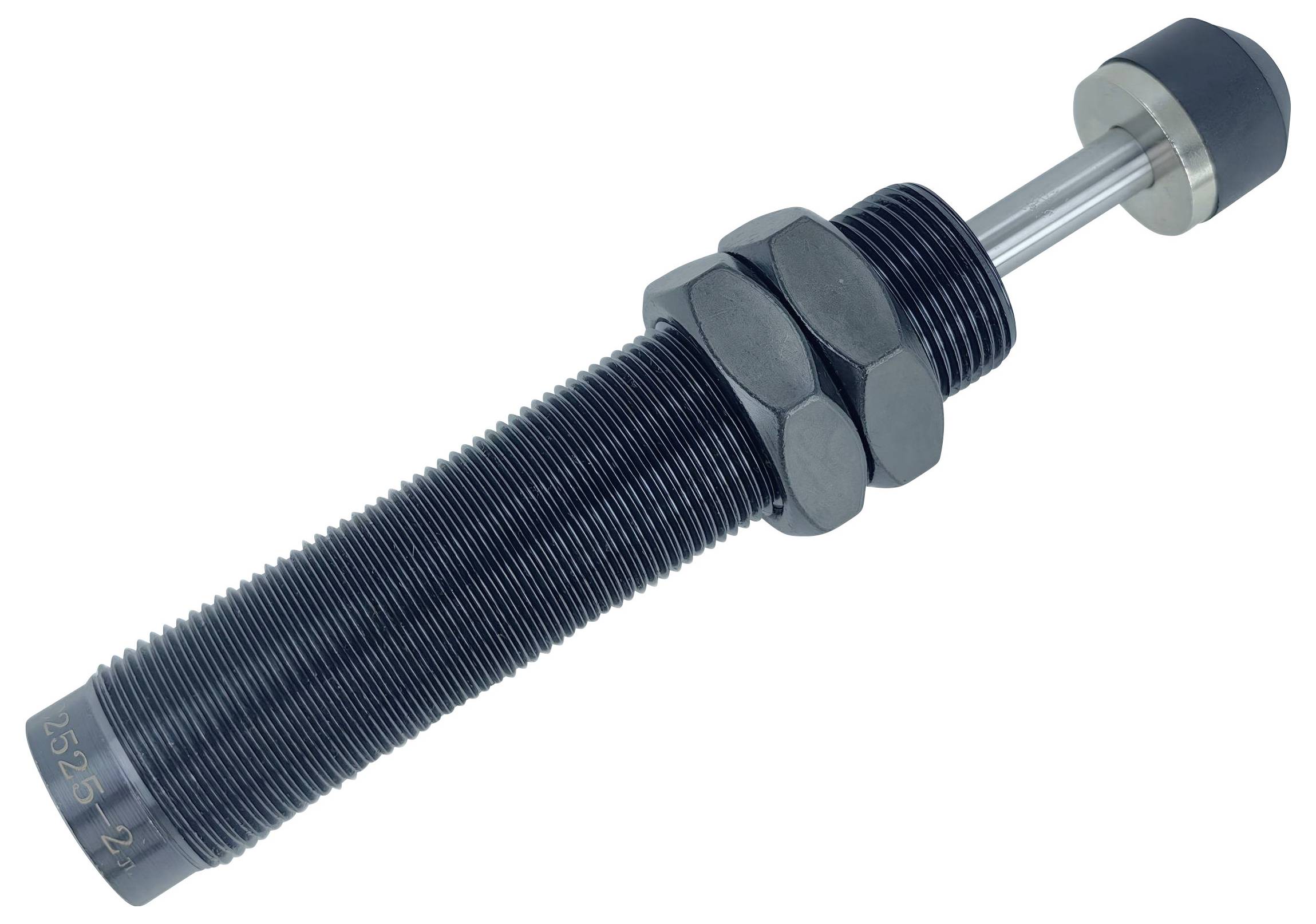 Ein Metallspanner mit einem Gewindeschaft, zwei großen Muttern und einem verschlossenen Ende.