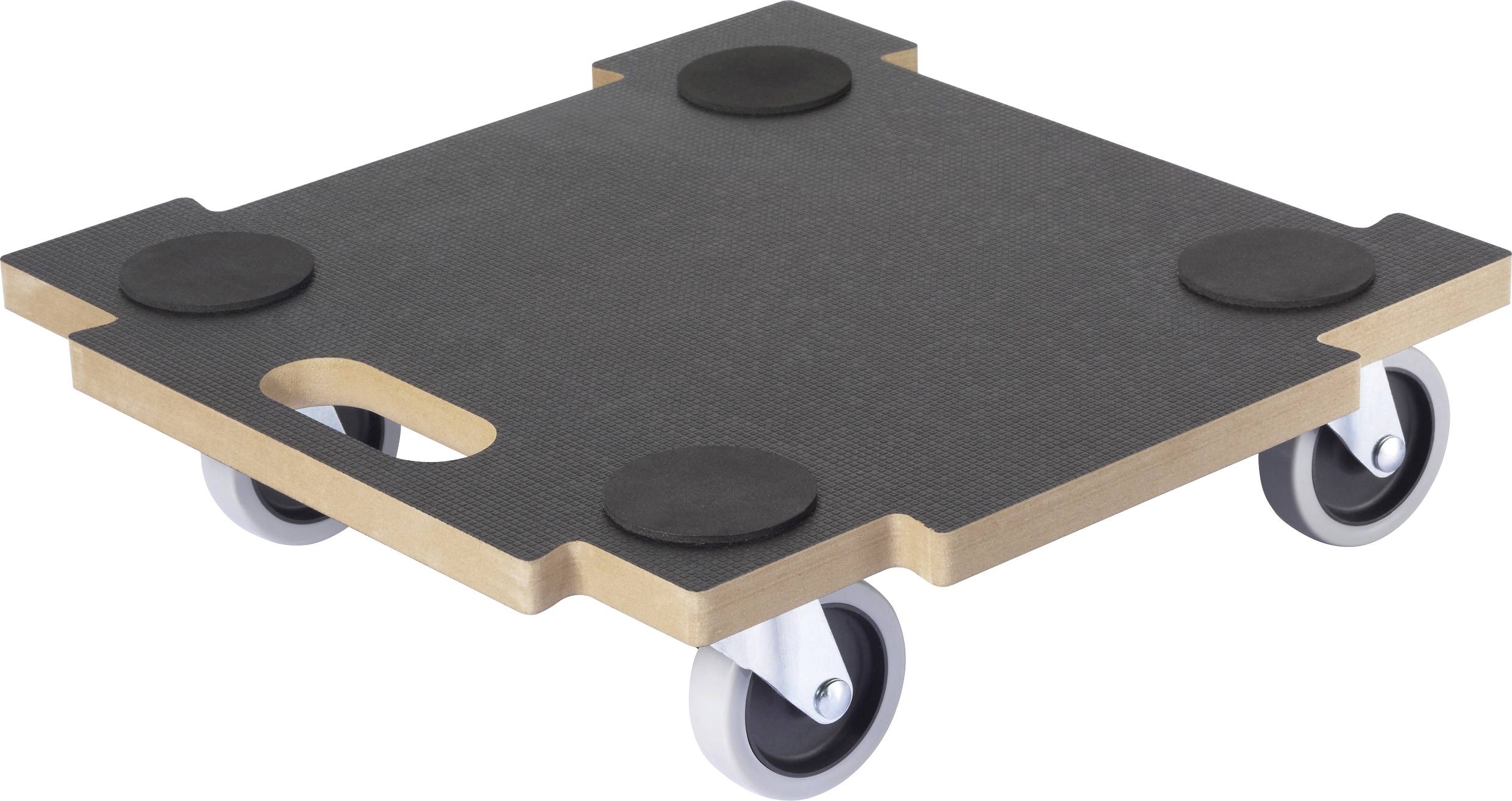 Ein quadratischer Transportwagen mit vier Lenkrollen und einer ausgeschnittenen Griffmulde auf einer Seite. Die Plattform ist schwarz mit Schutzeckenpolstern.