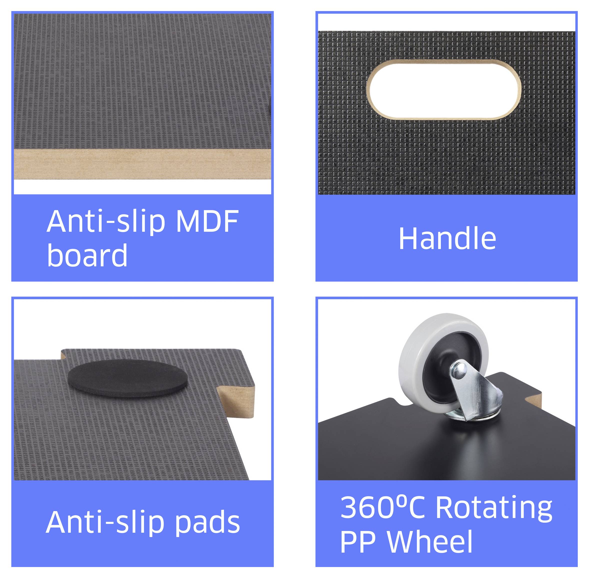 Bild mit Merkmalen eines Möbelstücks: 'Rutschfeste MDF-Platte', 'Griff', 'Rutschfeste Pads' und '360°-drehbares PP-Rad'.