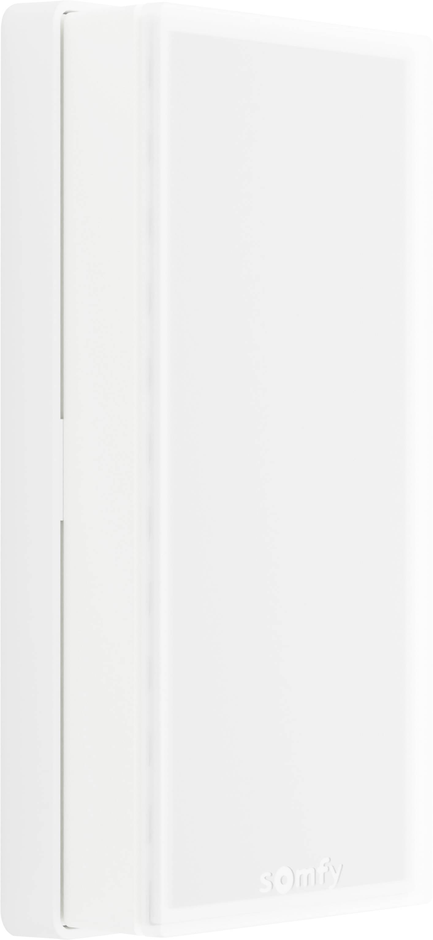 Ein weißer, rechteckiger Wandschalter mit minimalistischem Design, am unteren Rand mit 'Somfy' beschriftet.
