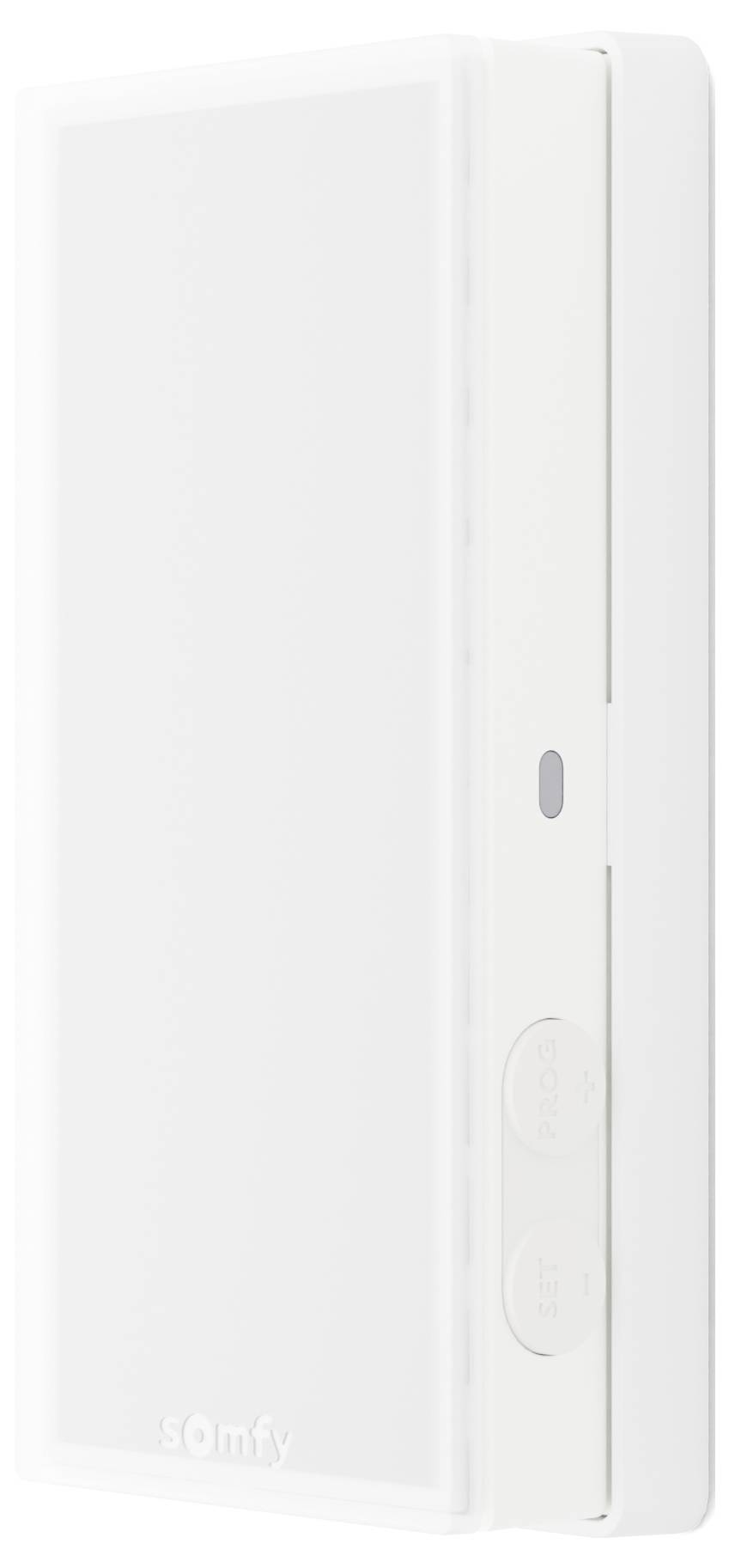 Smarthome-Wandschalter mit 'Somfy'-Logo, ausgestattet mit zwei runden Tasten und einer Kontrollleuchte an der Seite.