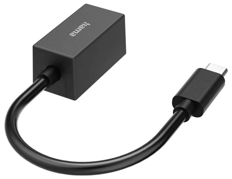 Schwarzer USB-C zu Ethernet-Adapter mit flexiblem Kabel und rechteckigem Anschlussgehäuse.