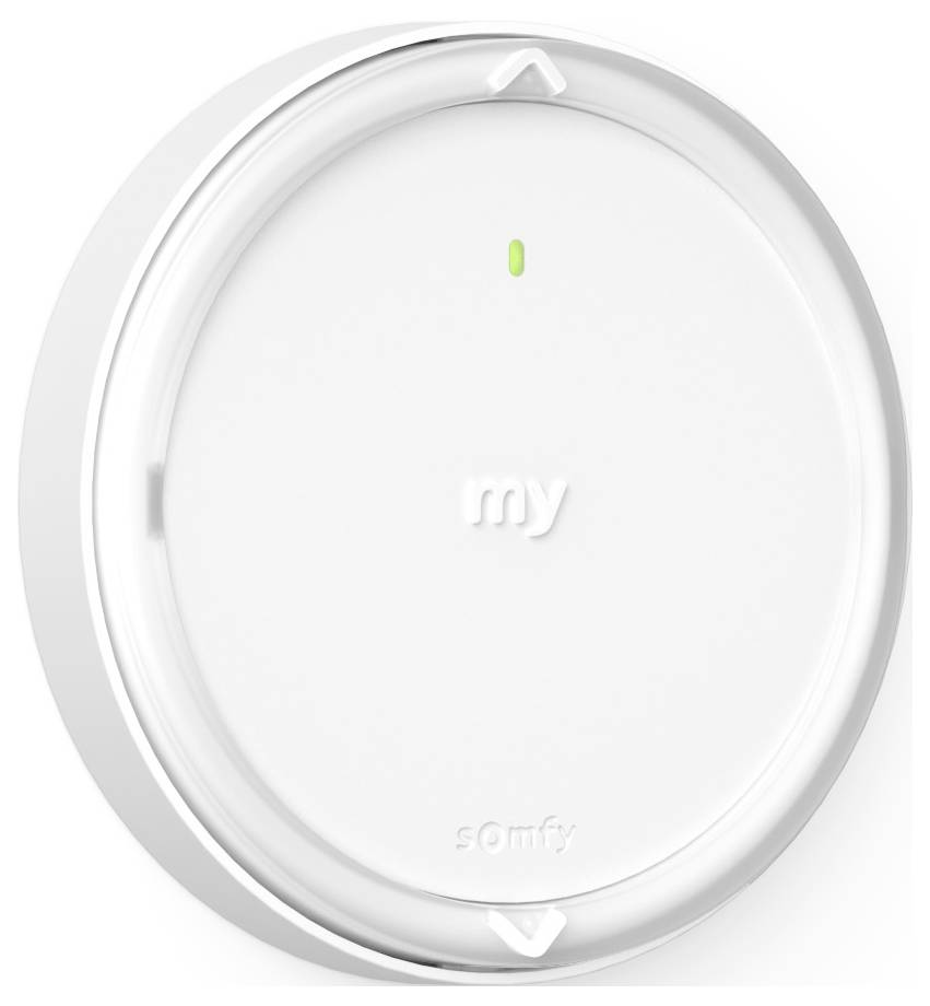 Runde weiße Smart-Home-Taste mit grüner LED-Anzeige und zentralem 'my'-Schriftzug, verwendet zur Steuerung von Somfy-Geräten.