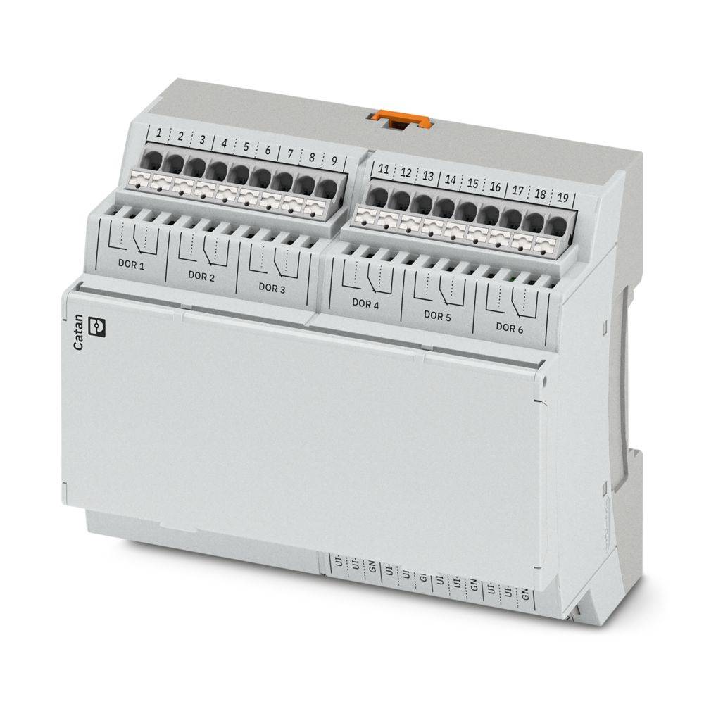 Ein elektronisches DIN-Schienenelement mit mehreren Anschlussanschlüssen, beschriftet von 1 bis 20, unterteilt in Abschnitte mit der Bezeichnung DOR 1 bis DOR 6.