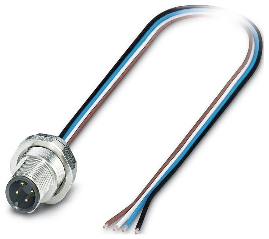 Ein Metall-Vier-Pin-Stecker mit angebrachten schwarzen, blauen, braunen und weißen Drähten, das ein unverbundenes Ende für Elektronikgeräteanschlüsse zeigt.