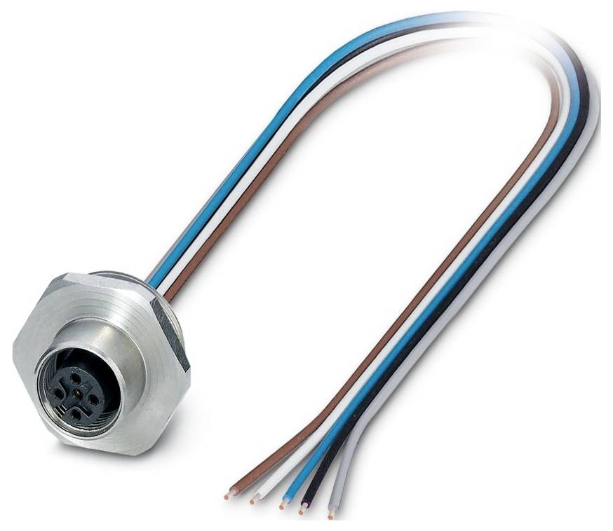 Ein Metall-Mehrpin-Rundstecker mit fünf farbcodierten Drähten, die davon abstehen. Die Drähte sind braun, weiß, blau und schwarz.