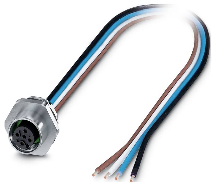 Ein mehrfarbiges Kabelbaum mit einem verchromten kreisförmigen Stecker, der mehrere Stiftlöcher zeigt, was auf seine Verwendung in elektrischen Verbindungen hinweist.