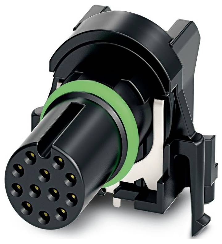 Ein schwarz-grüner 10-Pol-Elektrostecker, von vorne dargestellt, mit Hervorhebung seiner zylindrischen Form und Stiftausrichtung.