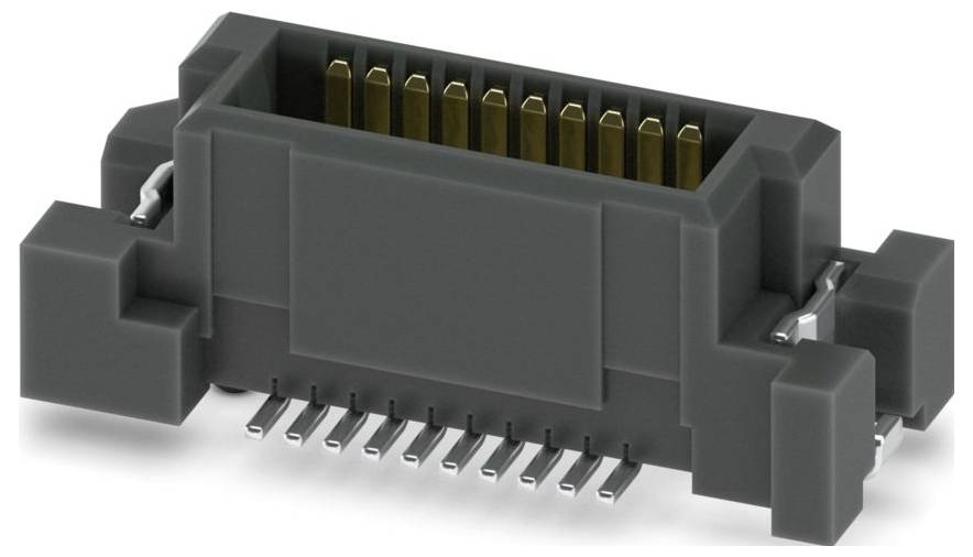 Ein schwarzer rechteckiger Elektrostecker mit mehreren vergoldeten Stiften und Metallseitenklemmen, entwickelt zur sicheren Befestigung in elektronischen Geräten.