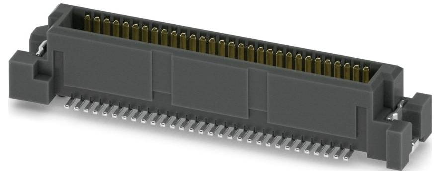 Ein Nahaufnahmebild eines schwarzen elektronischen Steckers mit mehreren in Reihen angeordneten goldenen Kontakten, der für Leiterplattenverbindungen verwendet wird.