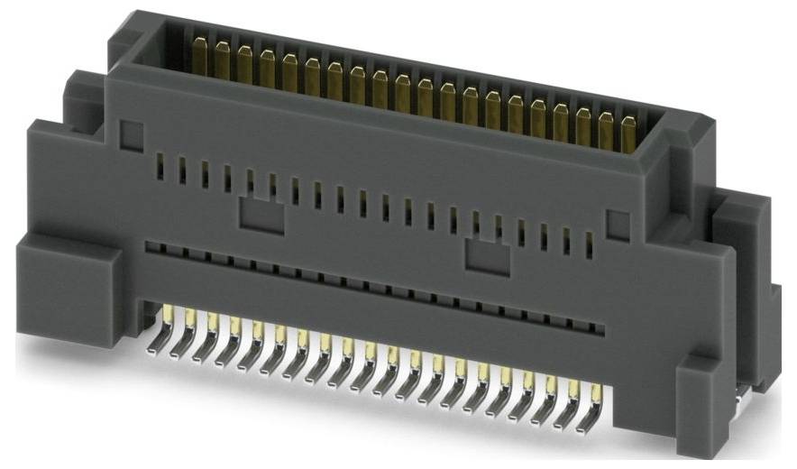 Eine Nahaufnahme eines grauen rechteckigen elektronischen Steckers mit goldenen Pins und mehreren Kontakten, verwendet zum Herstellen von elektrischen Verbindungen.