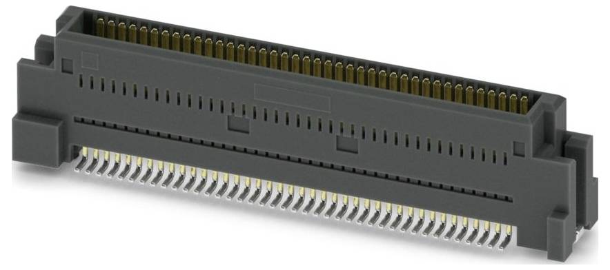 Ein schwarzer Elektrostecker mit mehreren vergoldeten Kontaktstiften, die in zwei Reihen angeordnet sind, konzipiert für Leiterplattenverstätigungen.