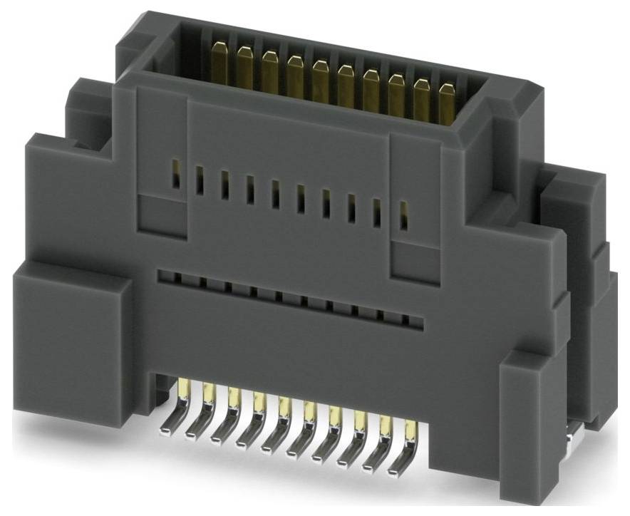 Ein schwarzer rechteckiger elektronischer Stecker mit mehreren Goldkontakten, entwickelt zum Verbinden oder Anschließen elektronischer Komponenten.