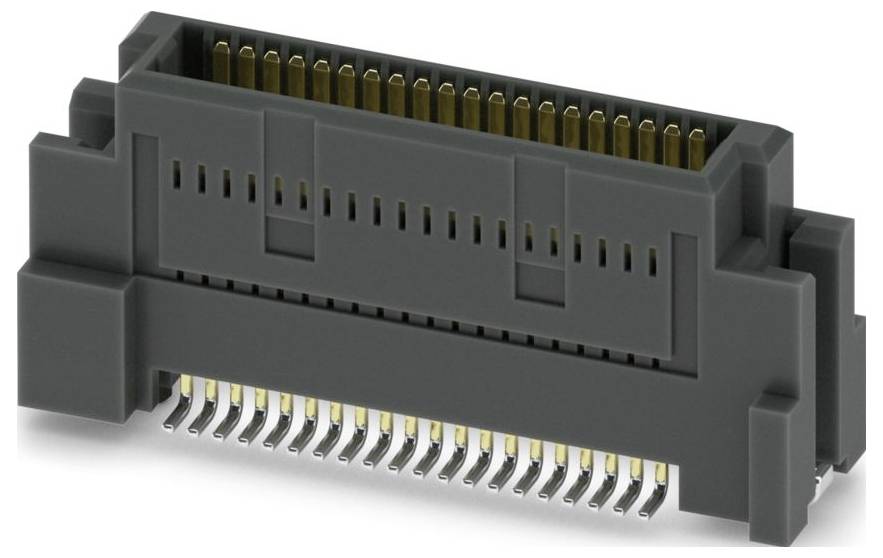 Nahaufnahme eines grauen elektronischen Steckers mit mehreren goldenen Kontaktstiften. Wird für sichere elektrische Verbindungen in Geräten verwendet.