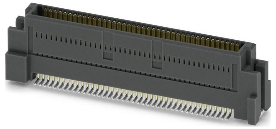 Ein dunkelgrauer elektrischer Stecker mit mehreren vergoldeten Stiften, konzipiert für elektronische Leiterplatten, in einer Schrägansicht dargestellt.