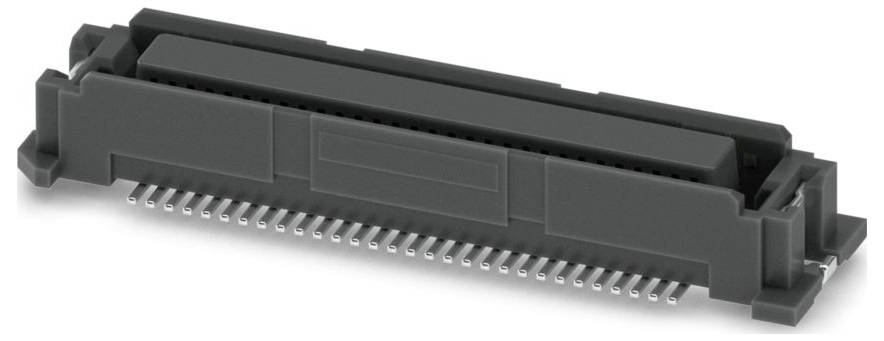 Ein schwarzer, rechteckiger elektronischer Stecker mit mehreren Stiften, der typischerweise zum Verbinden von elektrischen Komponenten auf einer Leiterplatte verwendet wird.