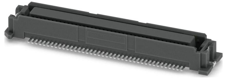 Ein grauer rechteckiger elektronischer Stecker mit zahlreichen Pins darunter, von oben schräg auf hellem Hintergrund betrachtet.