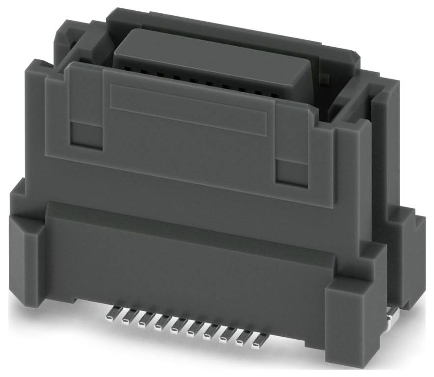 Fotografie eines schwarzen elektronischen Steckers mit mehreren Metallstiften, konstruiert zur Integration in Leiterplatten.