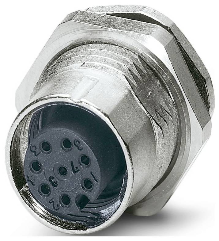 Ein metallischer kreisförmiger Stecker mit mehreren Stiften, der in elektronischen Geräten verwendet wird, von vorne gezeigt, um die Stiftanordnung anzuzeigen.